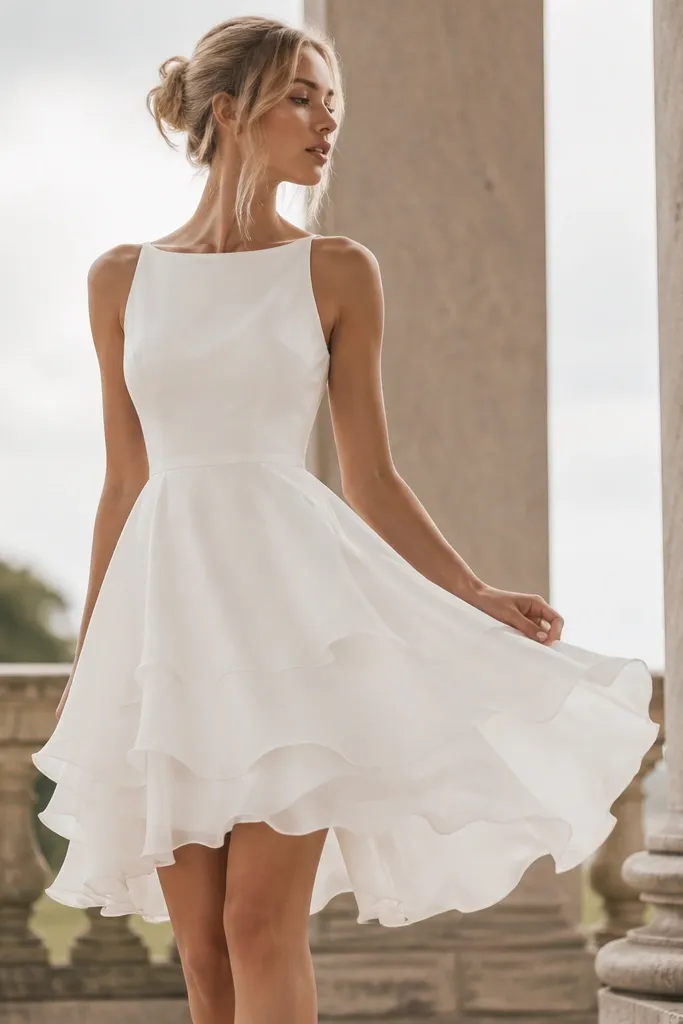 A short white chiffon A-line wedding dress with a slightly fitted bodice and a skirt made of layered ruffles; the fabric looks airy and moves with motion.