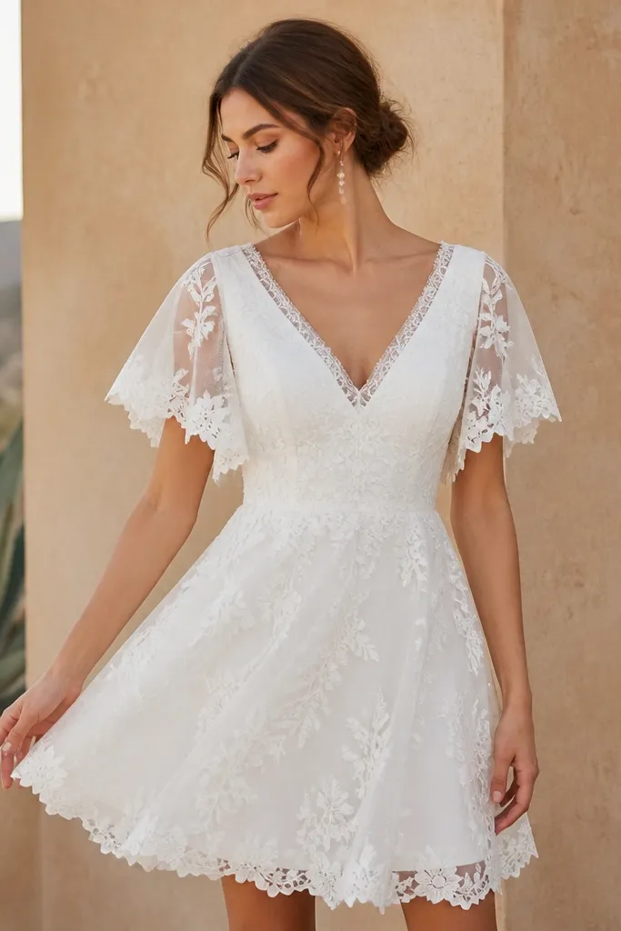 A short white boho wedding dress with floral lace appliqués, a V-neckline, and loose flutter sleeves; the skirt is gently A-line.