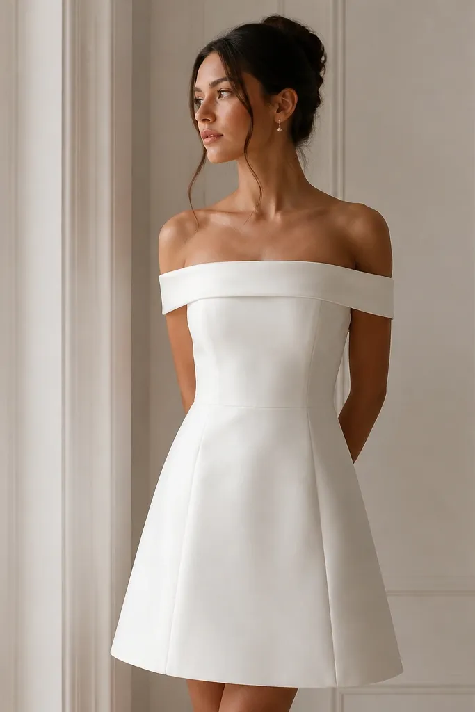 A short white mikado wedding dress with an off-shoulder neckline, thick structured fabric, and a straight-to-slightly-flared skirt; it looks crisp and tailored.