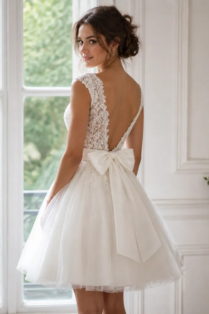 A short white wedding dress with a lace bodice, a fluffy tulle skirt, and a noticeable bow at the back; the hem is above the knee.