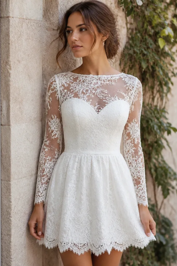 A short white wedding dress with long sleeves made of lace, a fitted bodice, and a skirt with scalloped edges; the hem is above the knee.