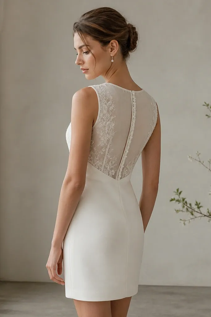 A short white wedding dress with a crew neckline, subtle embroidered texture across the bodice, and a sheer back panel; the skirt is smooth and straight.