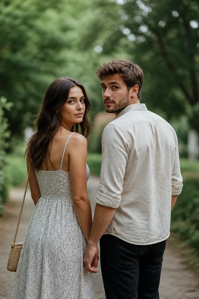 A couple walks side-by-side on a narrow park path lined with greenery; they pause mid-step, then turn their heads toward the camera, with soft bokeh leaves behind them.