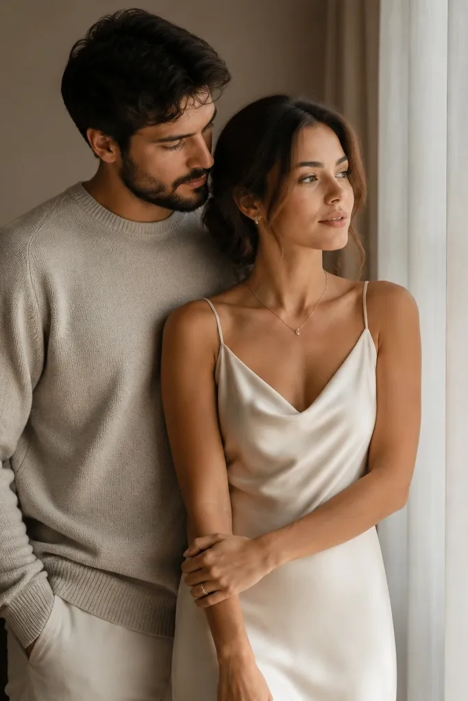 Indoor shot: the couple stands near a sheer-curtain window; warm light falls across their faces. The man wears a light grey knit sweater and the woman wears an ivory satin slip dress with minimal jewelry.