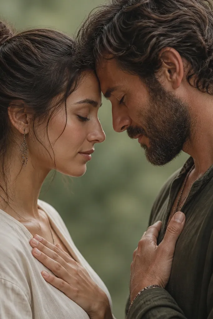 Close-up portrait: the woman has a hand over her heart and the man mirrors her gesture; their foreheads nearly touch, eyes closed, with a soft-focus background in muted greens.
