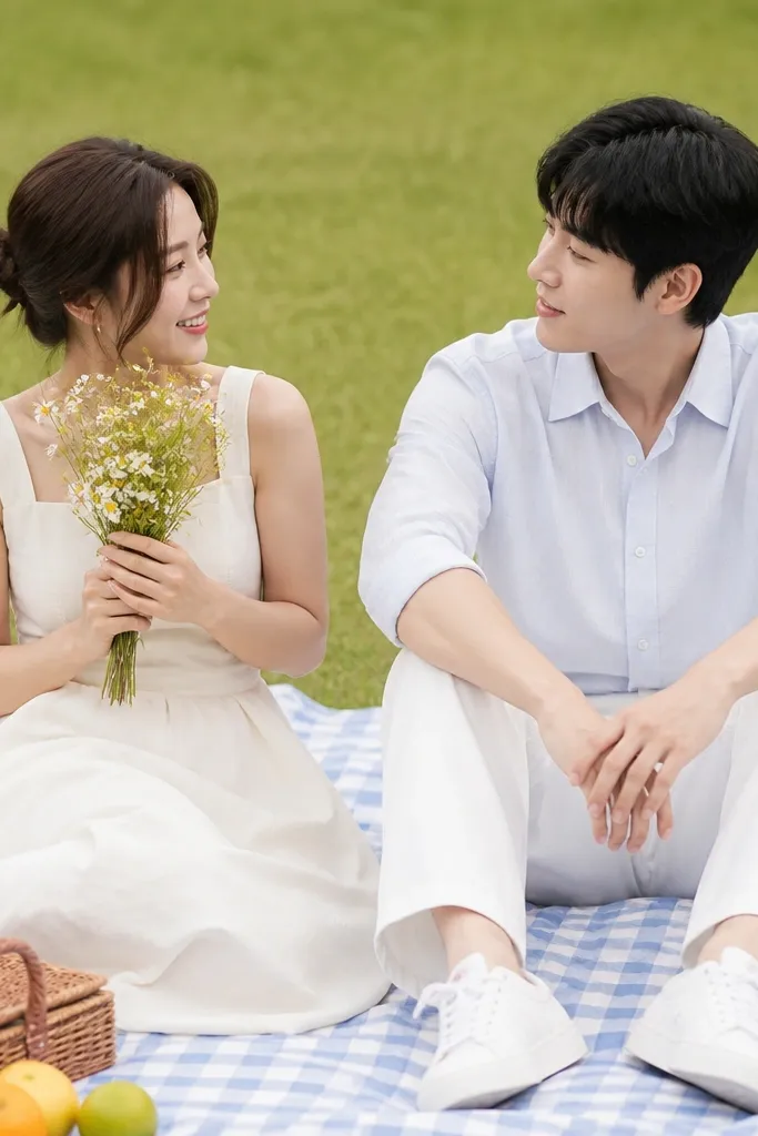 A picnic scene on grass: a pale blue and white checkered blanket under a couple; the woman holds a small bouquet while the man rests his hands on his knees, both in light summer outfits.