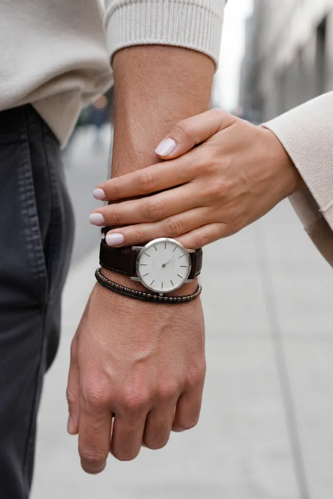 Detail photo: the man’s wrist with a simple watch stack and the woman’s hand gently holding it; background shows a clean urban sidewalk with soft motion blur.