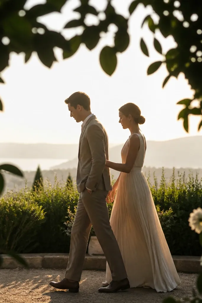 The couple walks along the edge of a garden; sunlight creates a gentle silhouette effect with leaves forming a natural border, and both are slightly in profile.
