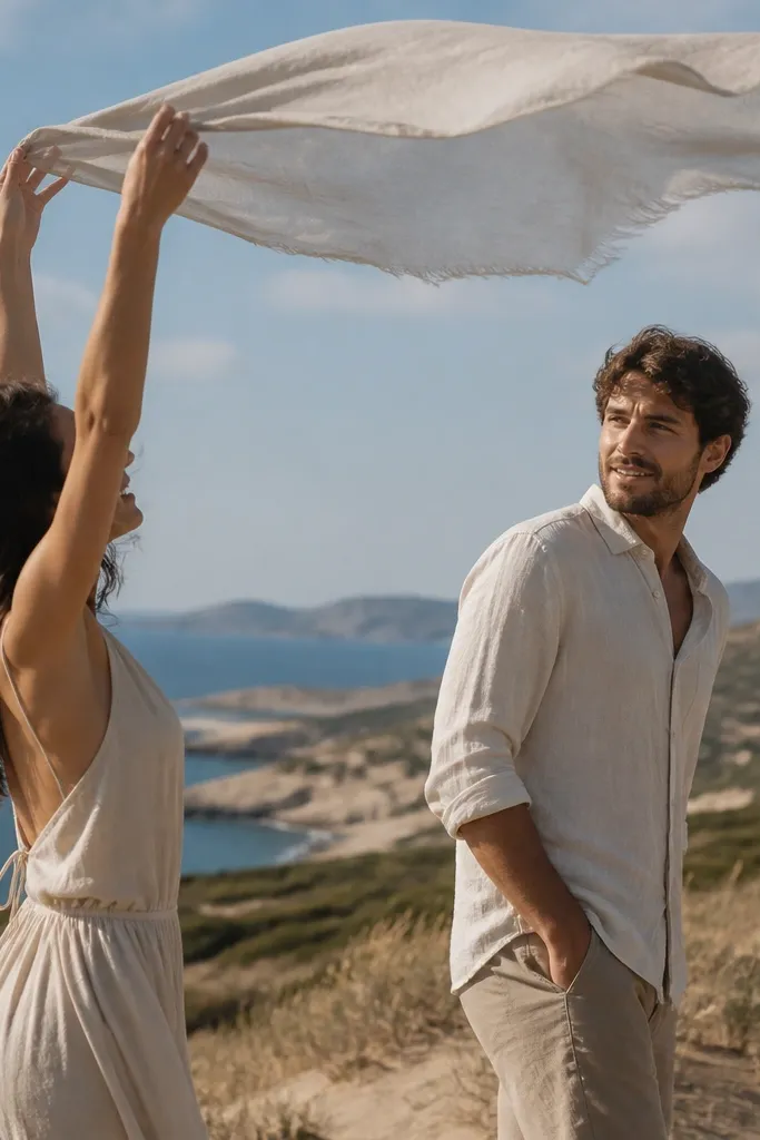 Outdoor action shot: a woman tosses a light neutral scarf that catches the wind; the man in a cream linen shirt turns toward her with a small smile.
