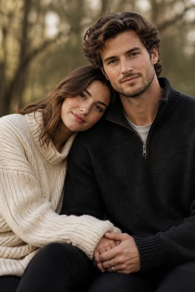 Couple on a wooden bench: the woman wears an oversized knit sweater in warm cream; the man wears a darker charcoal layer. They lean together with hands intertwined, with a blurred background of trees.