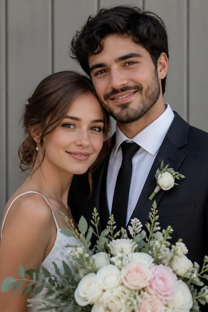 Close portrait: a small bouquet of white and blush flowers in the foreground; the couple stands behind it with a single clean wall or fence background in a muted tone.