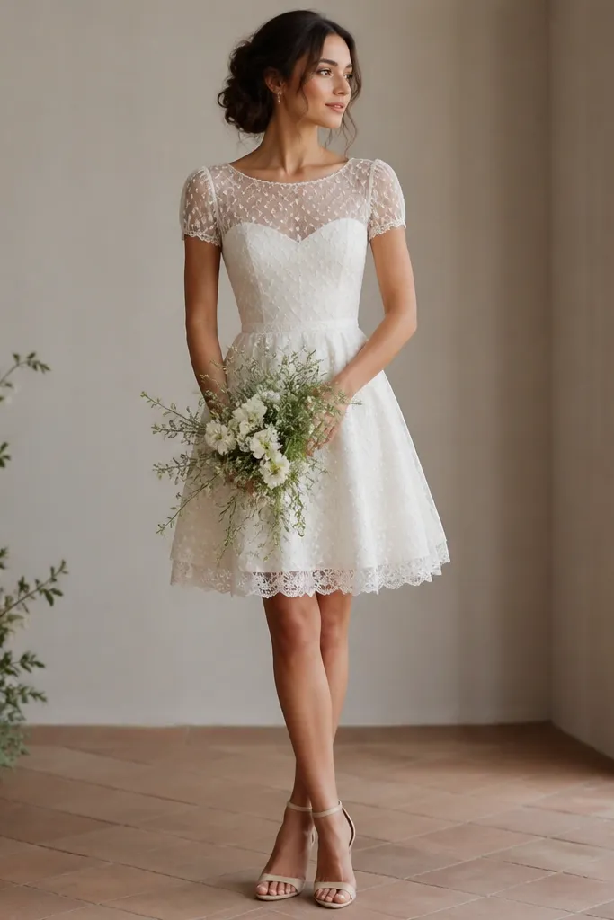 A short wedding dress with delicate swiss-dot lace overlay, short sleeves, and a light A-line skirt ending above the knee; ivory lining peeks through at the hem.
