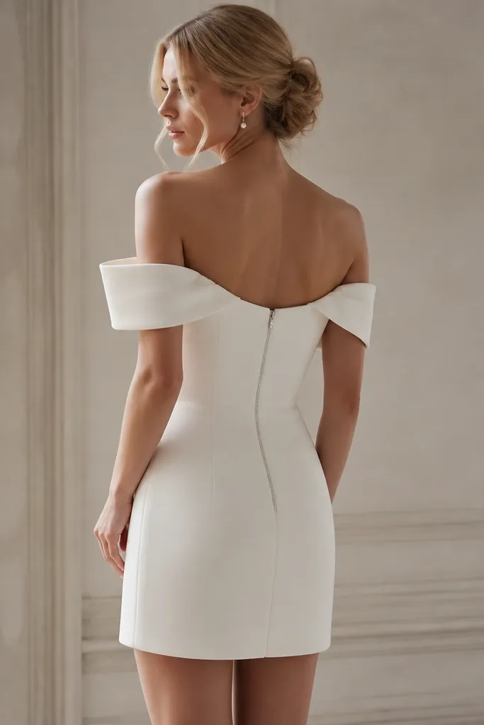 An off-shoulder ivory crepe short wedding dress with structured shoulders, a fitted bodice, and a visible clean-lined zipper at the center back; hem hits mid-thigh.