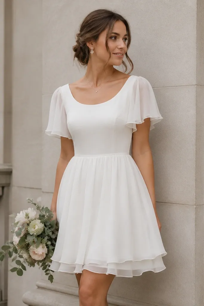 A lightweight ivory chiffon short wedding dress with a scoop neckline and airy flutter sleeves; the skirt is slightly layered and ends above the knee.