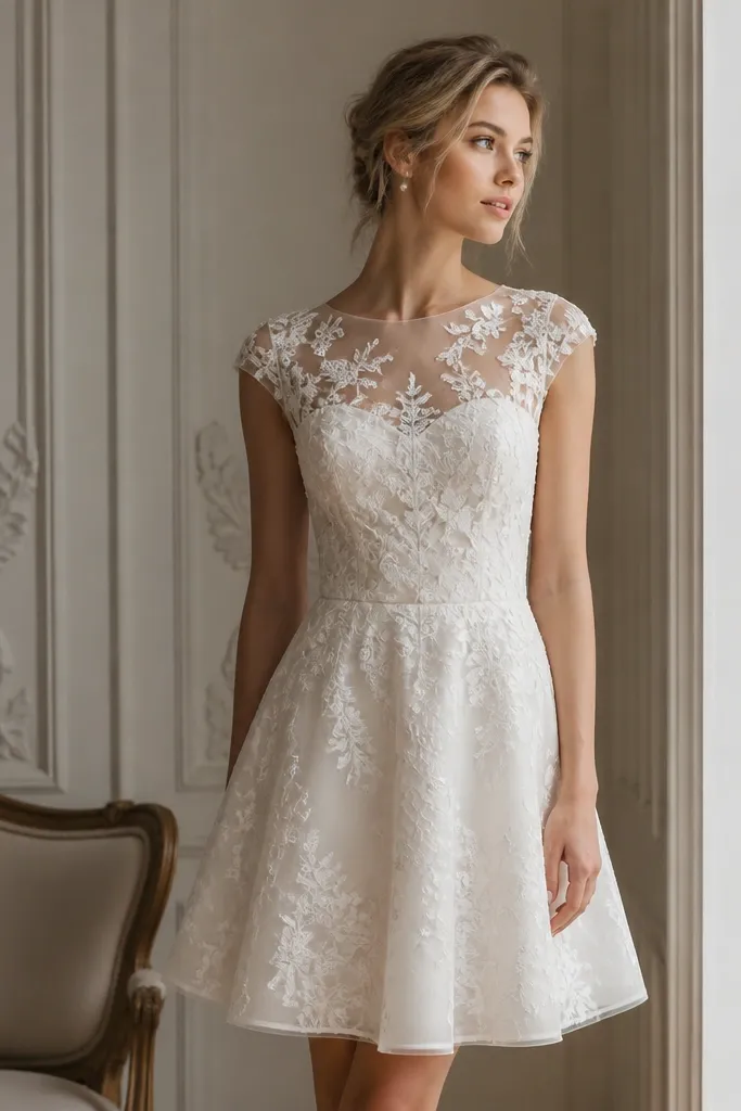 A short ivory wedding dress with sheer mesh panels covered in tonal embroidery; the embroidery forms small floral clusters and the skirt is lined.