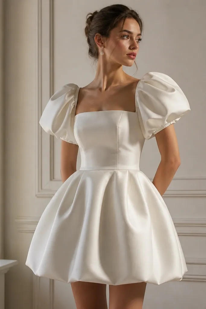 An ivory mikado short wedding dress with dramatic puff sleeves, a fitted bodice, and a structured skirt that holds its shape; hem is above the knee.