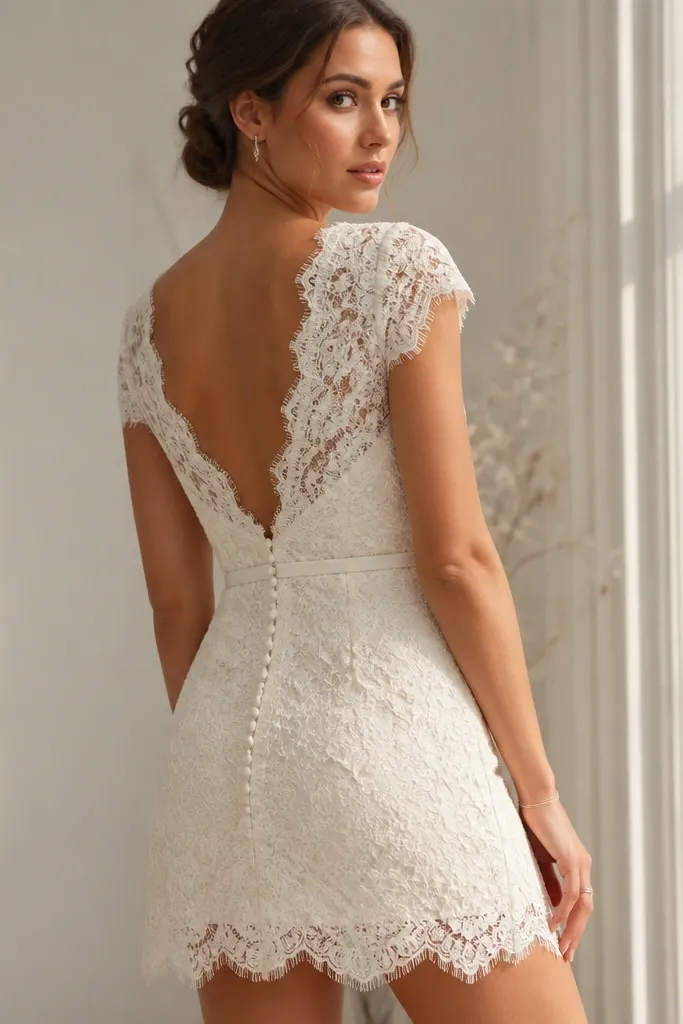 An ivory lace short wedding dress with a slim belt at the waist, scalloped lace edges, and a row of hidden buttons at the back; hem falls mid-thigh.