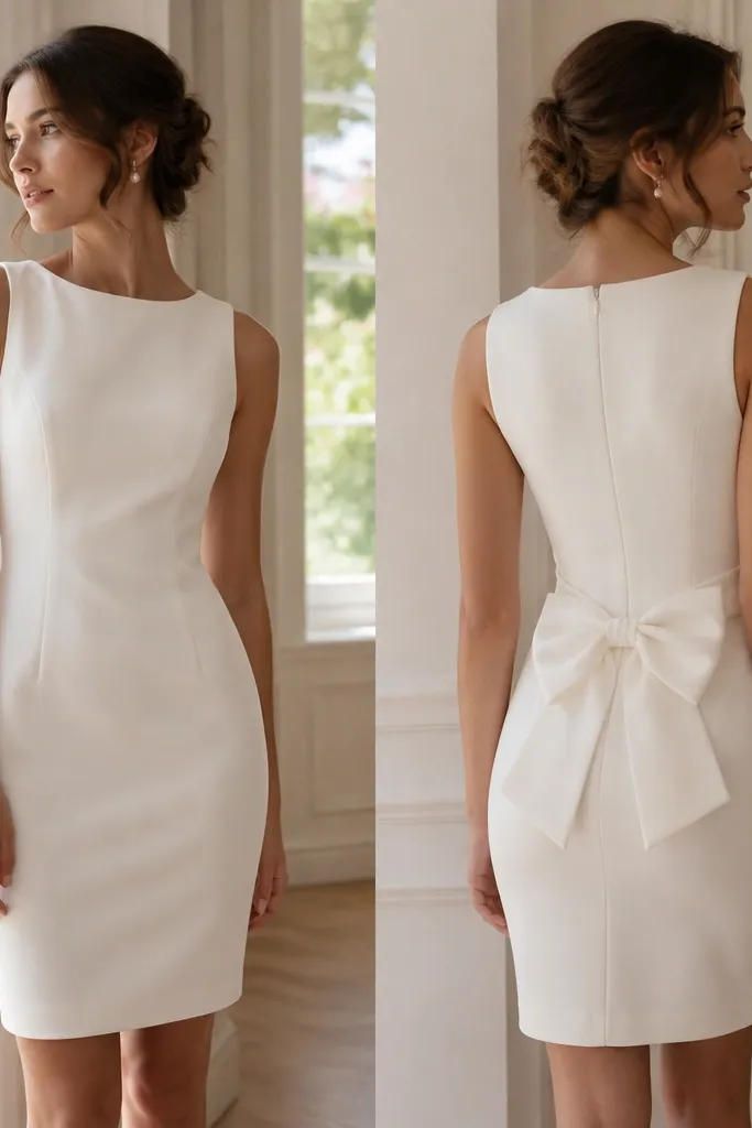 A short ivory stretch crepe wedding dress with a high-ish neckline, fitted silhouette, and a small bow at the lower back; hem is just above the knee.