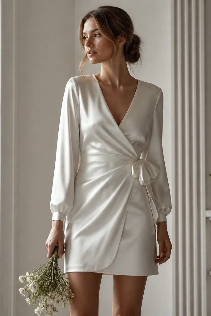 An ivory-and-soft-cream satin simple short wedding dress with a wrap-style bodice and a short skirt; the wrap top ties at the side and the hem is above the knee.