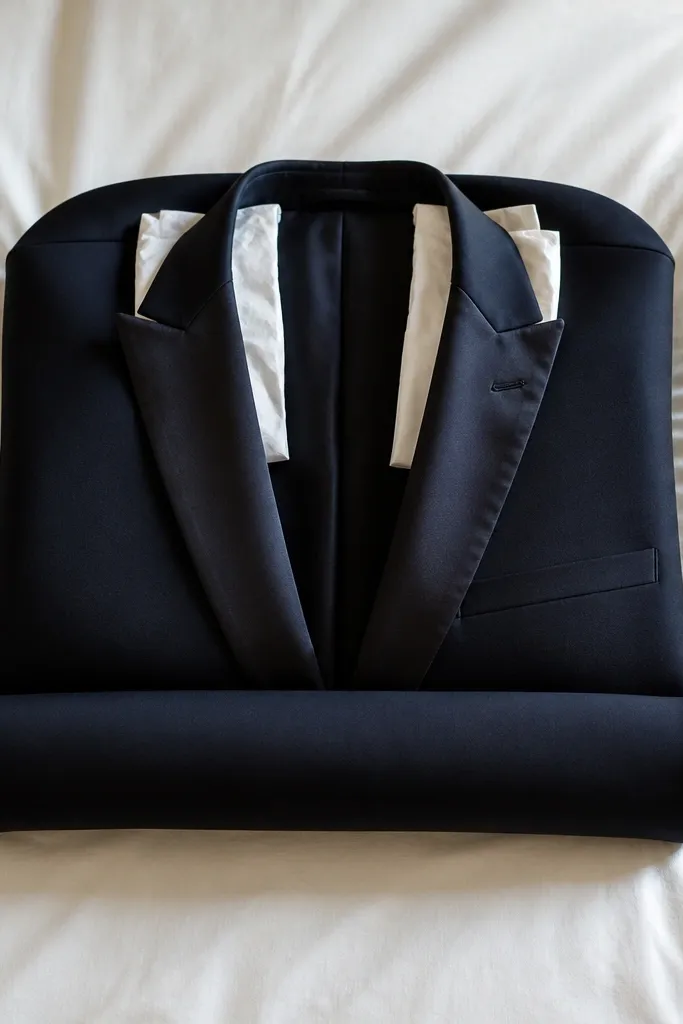 A groom suit jacket laid flat on a bed with the inner shoulder area supported by folded tissue, then folded from the bottom upward. The lapels are smoothed flat and the jacket is shown ready to be rolled into a compact rectangle.