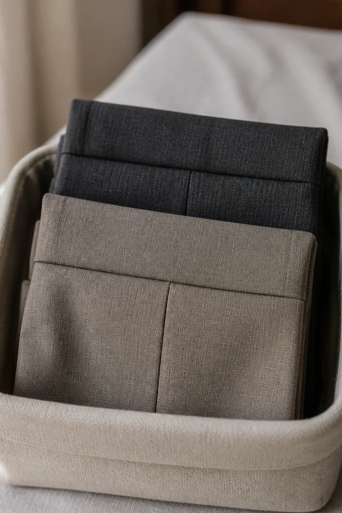 Two folded trouser legs aligned with the original crease lines, shown stacked neatly inside a small storage bin. The waistband is folded once, and the legs are tucked to keep the crease centered.