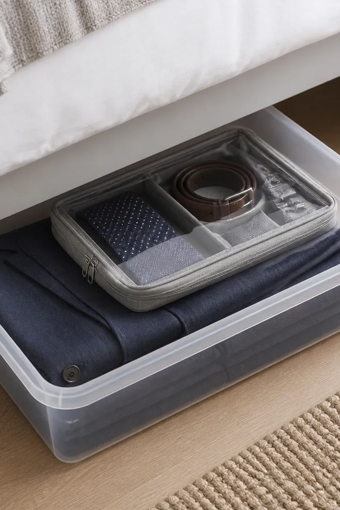 An under-bed plastic bin with a labeled organizer pouch. The suit jacket and trousers are stacked on the bottom layer, while a zip pouch with a tie, belt, and shirt accessories sits on top.