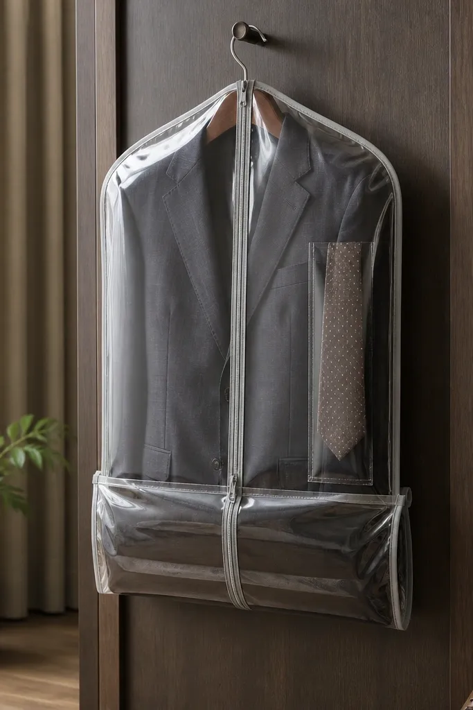 A clear garment bag hanging from a closet hook with the suit inside, but the bag is folded to shorten length and still fully zipped. A tie is stored in a separate inner pocket sleeve.