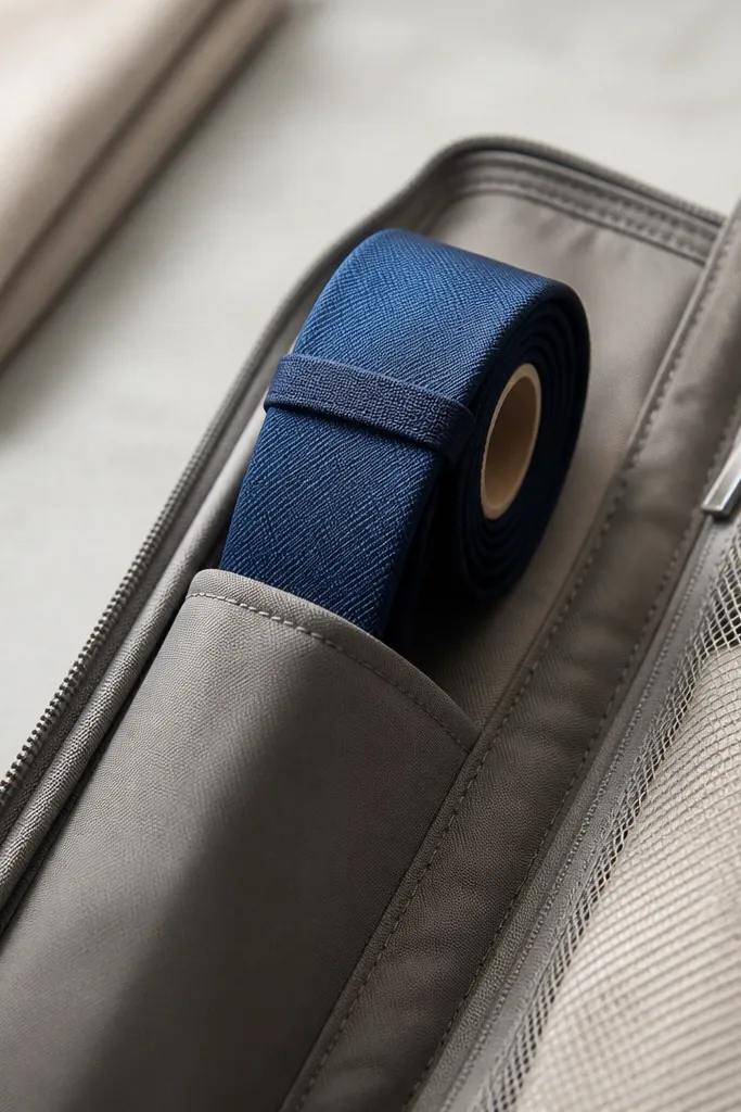 A tie rolled tightly around a cardboard tube, with a small fabric tie strap securing it. The tie roll sits in a slim side pocket of a storage pouch.