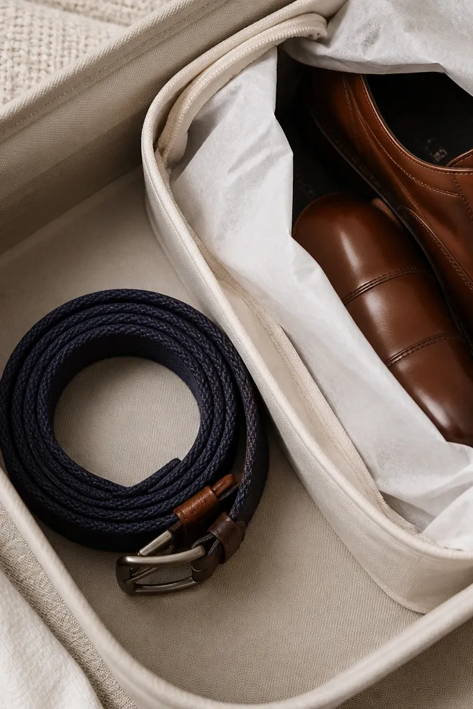 A belt coiled into a flat spiral with a fabric strap, placed in one corner of a bin. Nearby, a pair of dress shoes are wrapped in tissue and placed in a separate compartment or smaller bag.