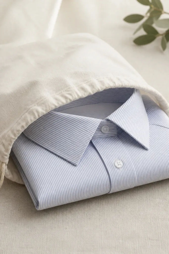 A dress shirt folded with the sleeves tucked flat, then folded into a compact rectangle. The collar is flattened and the shirt is shown inside a breathable cloth bag.