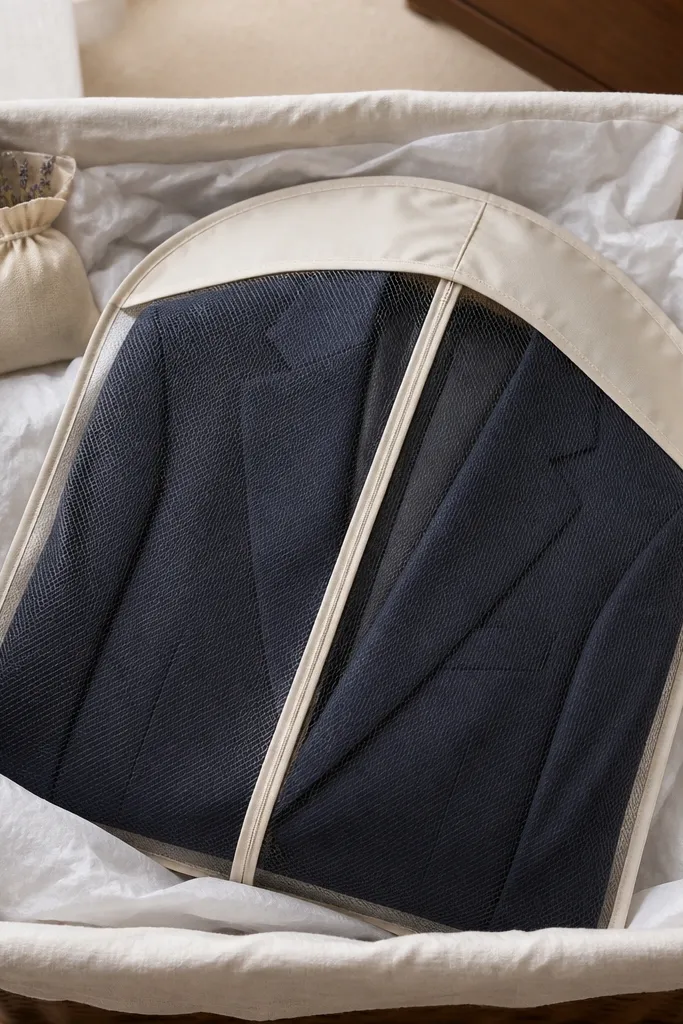 A small bin lined with a breathable cotton sheet, with a sachet tucked into a corner and tissue paper placed under the suit. The suit sits inside a garment cover.