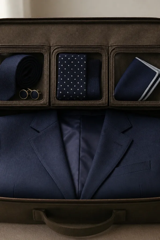 A bin with a top pouch labeled 'Tie + Cufflinks', 'Socks', and 'Pocket Square', arranged from left to right. The suit jacket sits beneath, and the pouches are visible through zip openings.