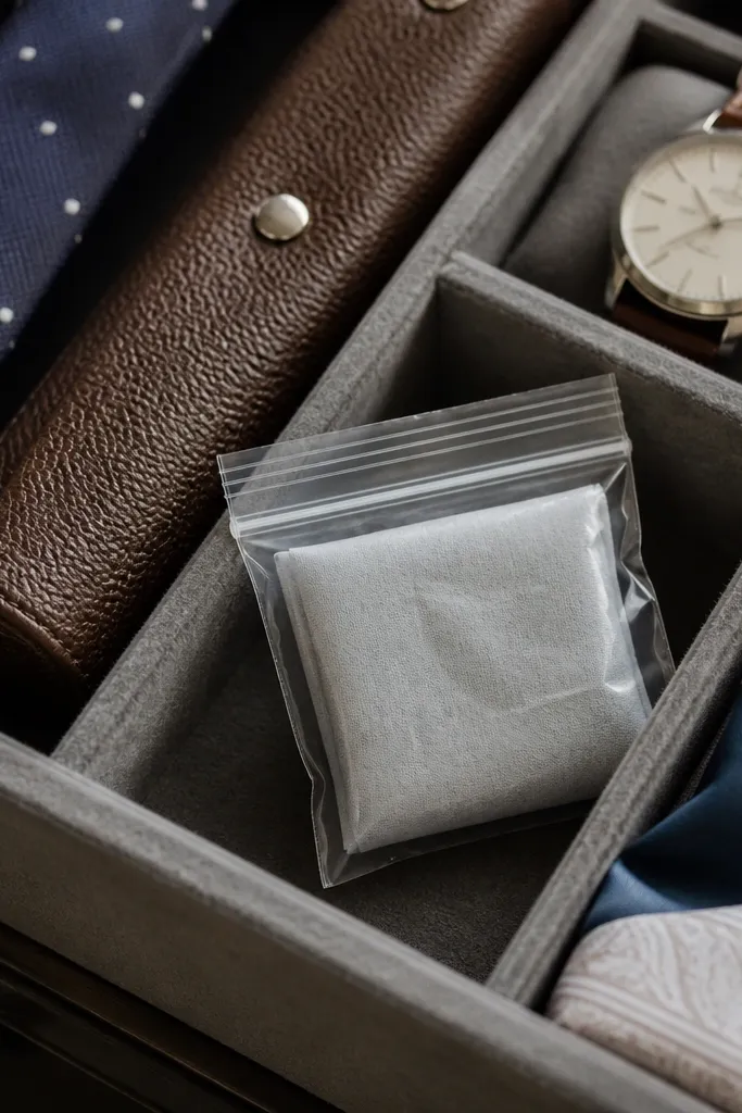 A pocket square folded into a small square, wrapped with tissue, and placed in a mini zip bag. The bag is shown tucked into the top layer of the bin near the tie pouch.