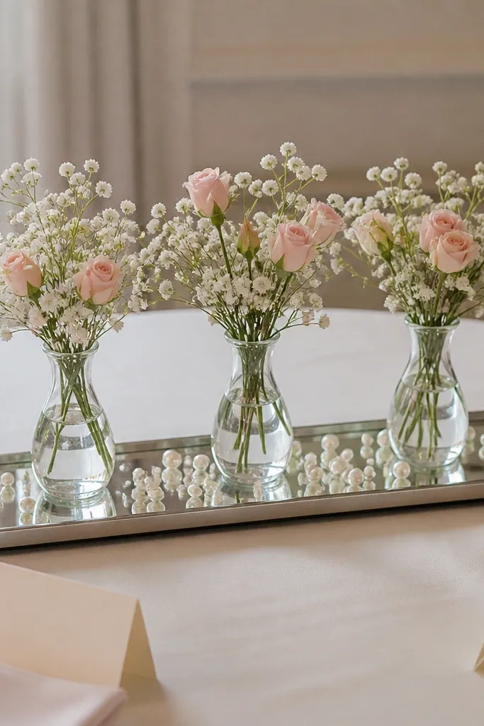 A narrow mirrored tray holding three clear bud vases with white baby's breath, pale pink mini roses, and scattered pearl-like beads; the tray sits centered on a compact table with place cards at the edges.