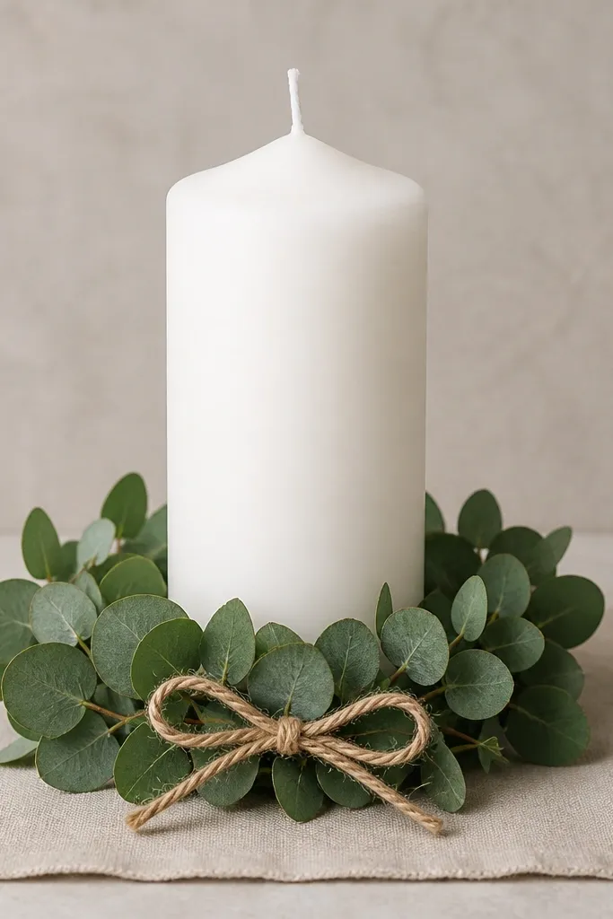 One tall white pillar candle centered with a thin circle of eucalyptus around its base; the greenery ring is tied with a simple twine bow and placed on a small linen square.
