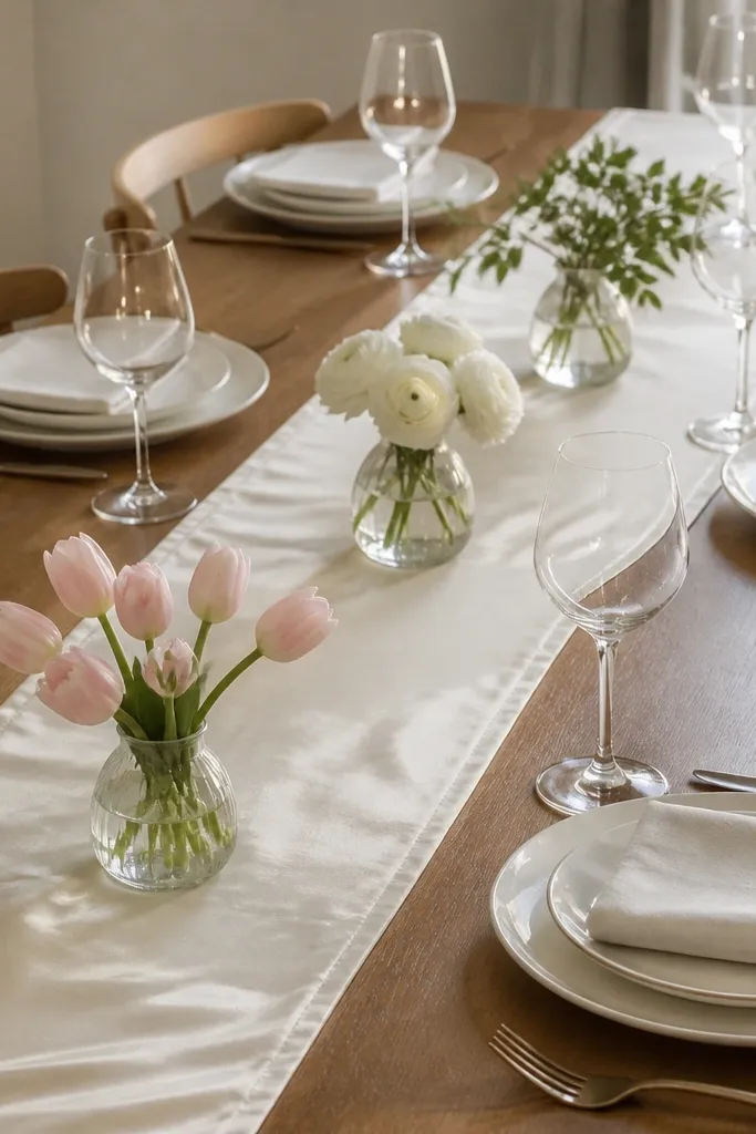 A long, slim satin runner across the center with three evenly spaced mini bud vases: one with blush tulips, one with white ranunculus, and one with greenery only; place settings line both sides.