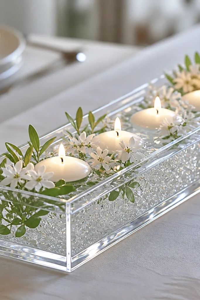 A clear acrylic rectangle planter filled with water-like gel and floating candle discs; small white flowers and tiny green leaves are tucked along the edges for a clean, modern centerpiece.