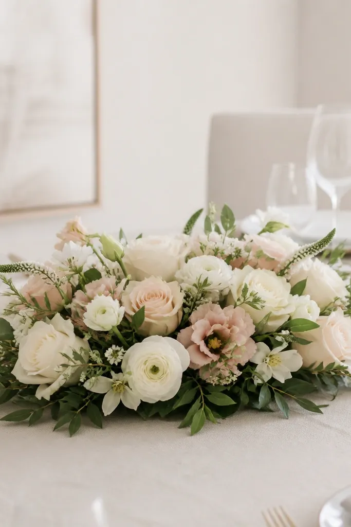 A shallow foam-free floral arrangement that sits low like a lid across the center of the table; it’s made with white and blush flowers, soft greenery, and a few long stems tucked inward.