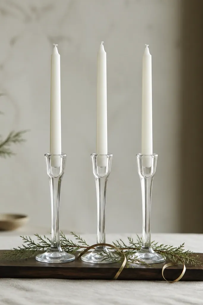 Three slim glass candle holders with white tapers arranged in a straight line on a small dark wooden board; tiny sprigs of greenery and a thin gold ribbon sit around the base.