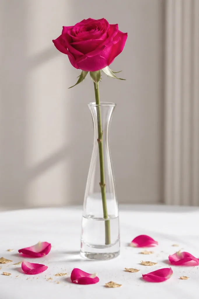 One tall bud vase holding a single deep pink rose; around it, a small ring of scattered rose petals and a few gold leaf flakes sit on a white tablecloth.
