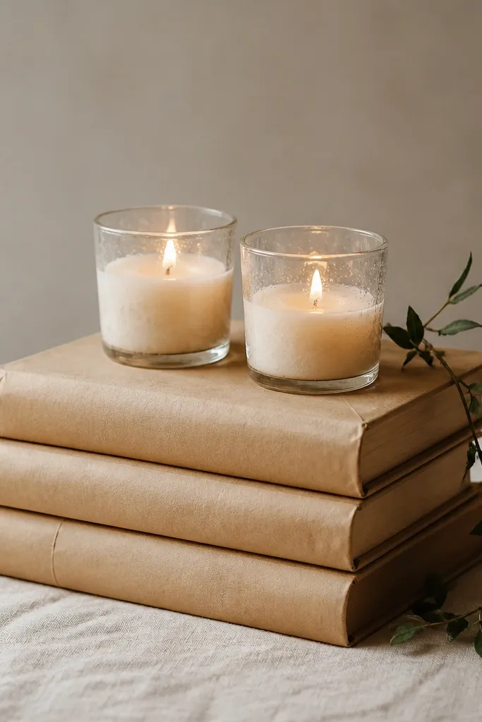 A small stack of vintage-looking books wrapped in neutral paper, topped with two votive candles in glass holders; a thin strip of greenery runs along the side.