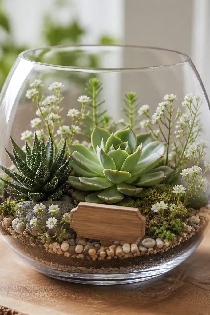 A small glass terrarium with succulents and tiny white flowers inside; a small wooden sign with elegant lettering sits at the front inside the terrarium base.