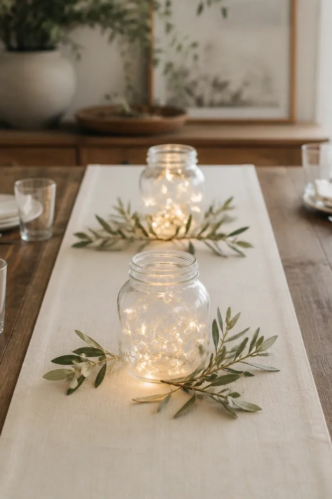 A narrow fabric runner (cream) down the center with two small clear jars containing warm micro fairy lights; simple greenery sprigs sit beside each jar.