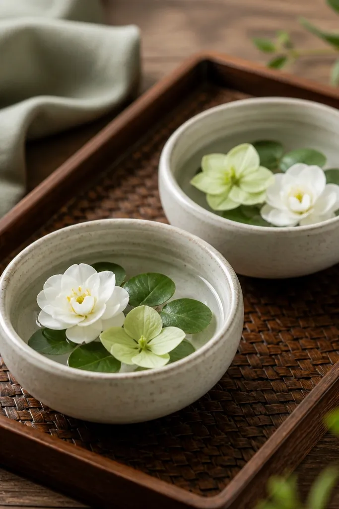 Two small ceramic dip bowls on a tray; each bowl has water-like filler, floating faux leaves, and a couple of faux blossoms arranged near the center.