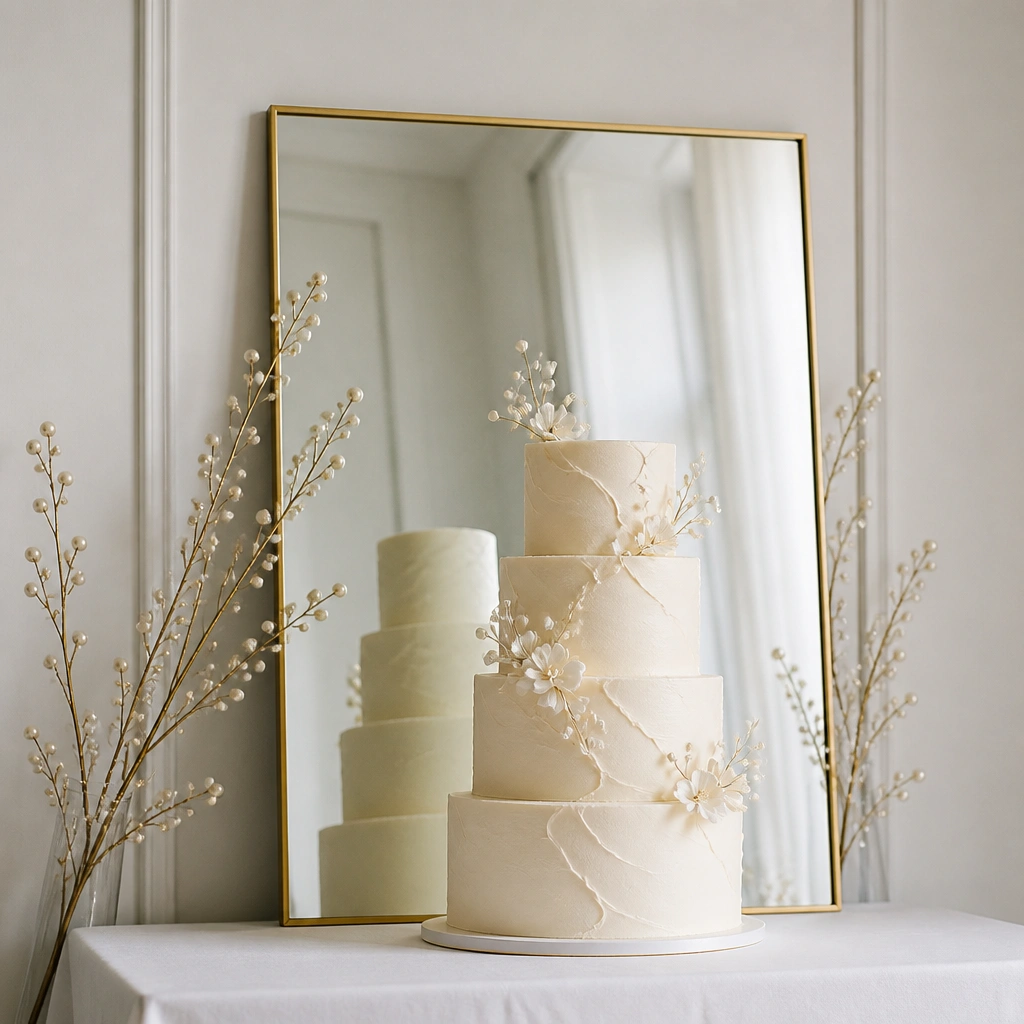 A rectangular mirror panel propped against the wall behind a wedding cake on a white table, with a thin gold frame and a few pearl-tipped branches placed at the mirror edges.