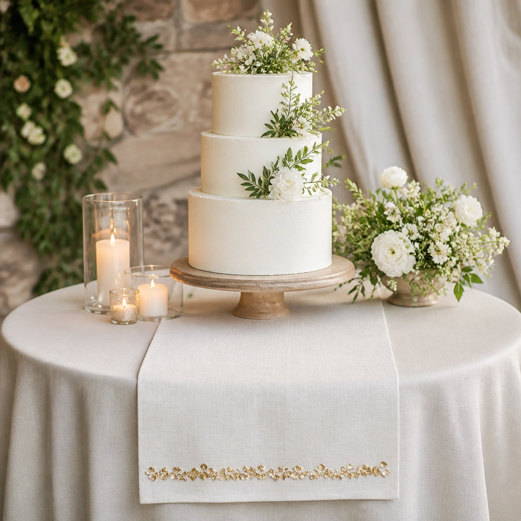 A folded ivory linen runner centered on a wedding table with a thin line of gold confetti-like petals along the front edge, and a small candle cluster near the cake base.