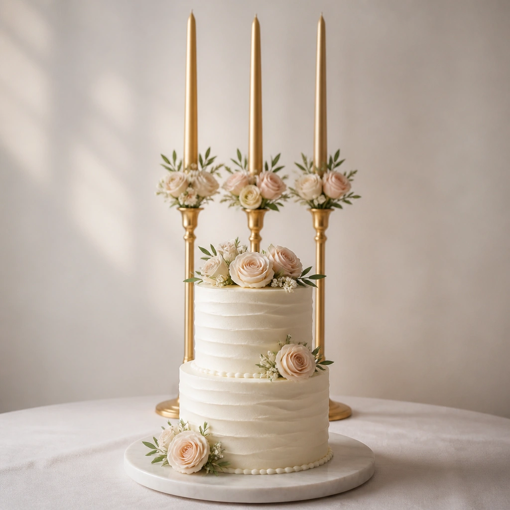 Three slender gold taper candles in matching holders arranged in a tight vertical line behind a wedding cake, with small blush rose sprigs tucked into the holders.