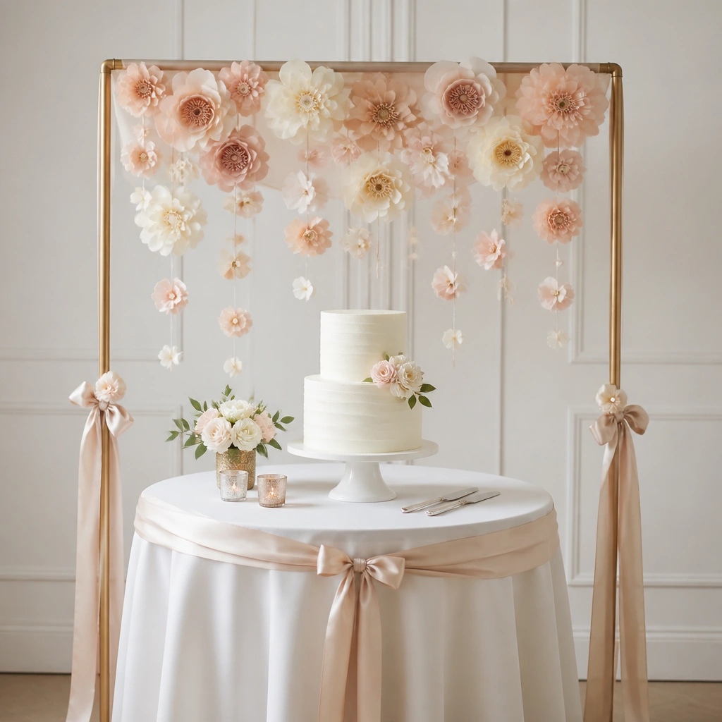 A small wedding cake table with a lightweight backdrop of hanging blush and cream paper flowers above the cake, tied to a thin frame, with a simple satin ribbon across the front.