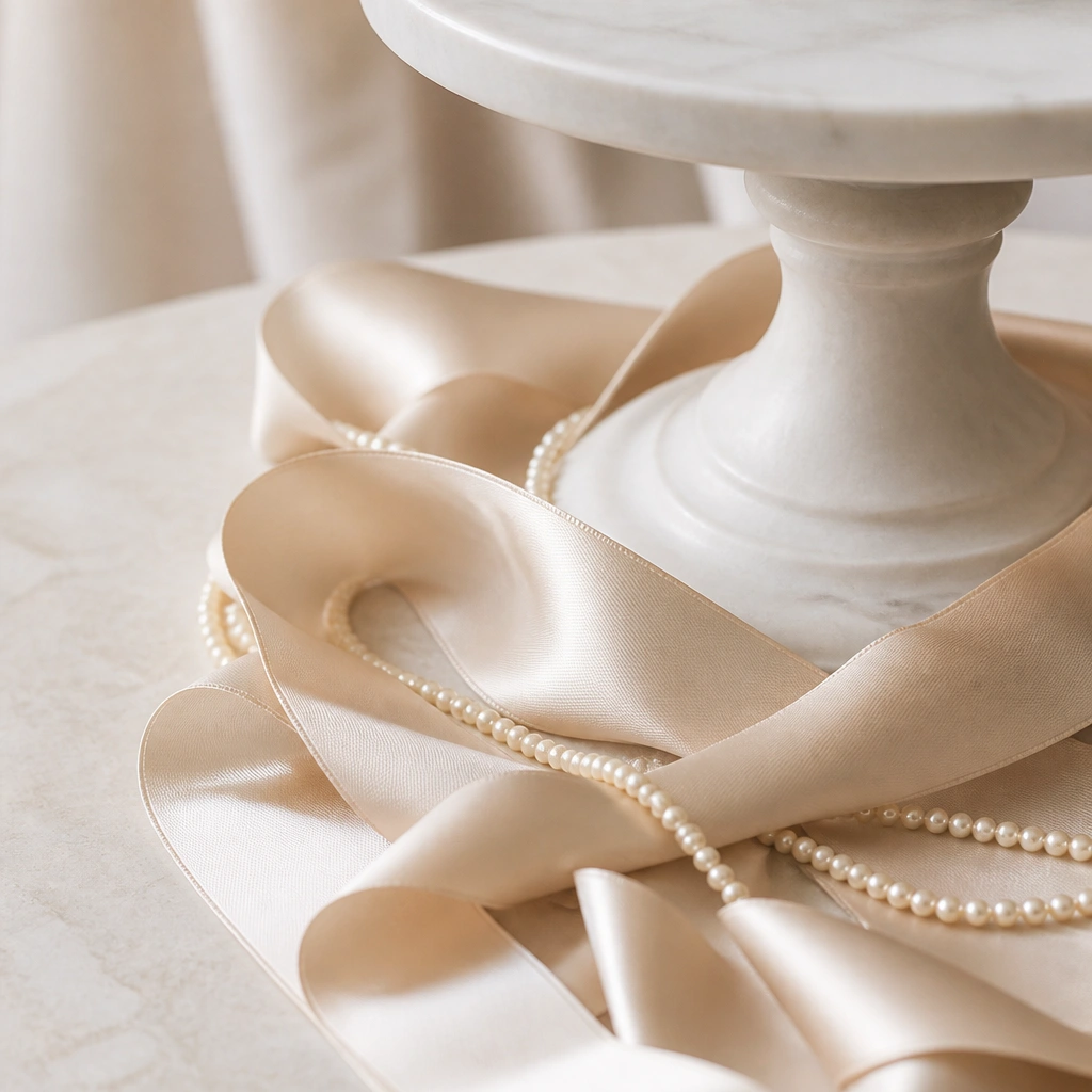 A champagne satin ribbon draped in soft loops around a round cake stand base, with tiny faux pearl strands tucked into the loops.