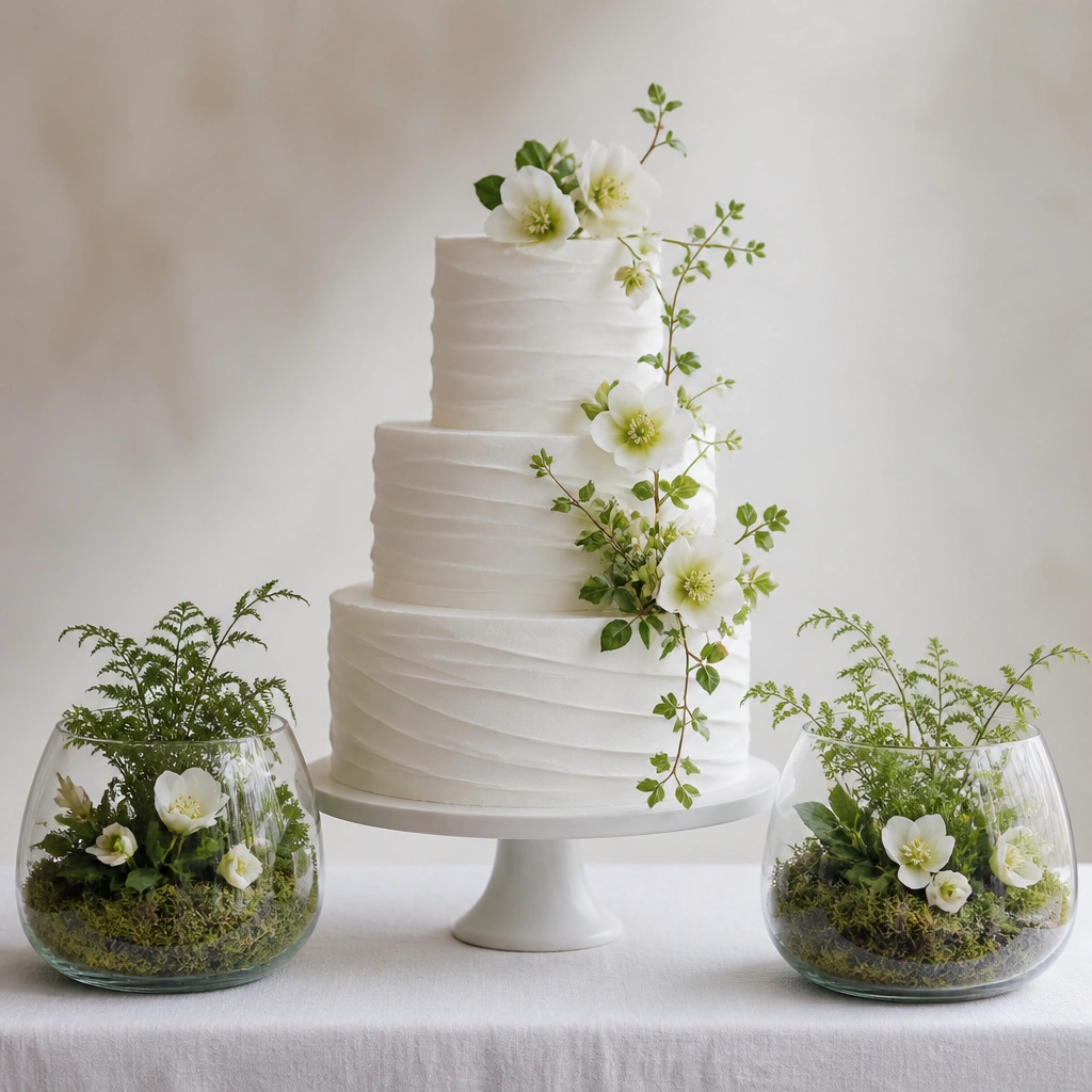 Two small glass terrarium planters on either side of a wedding cake, filled with moss and tiny greenery, with a few white blooms tucked into the moss.